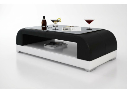 Mesa de centro de vidrio diseño de mesa de café en la sala de estar, sofá de cuero auxiliar.