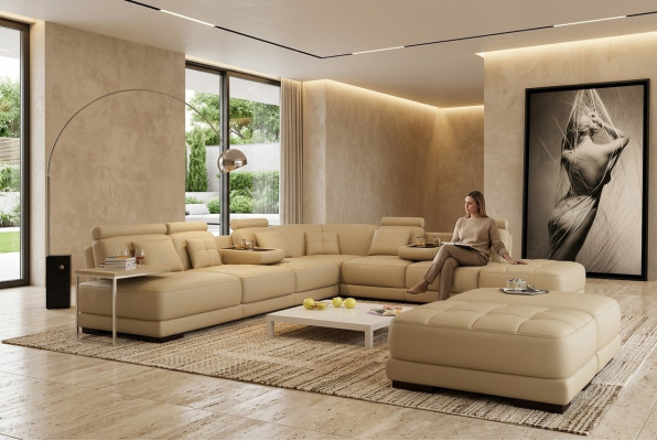 Sofá grande Sofá de cuero Sofá Chaiselongue en forma de L Conjunto de tapicería de sofá en esquina