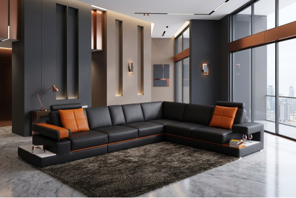 Moderno sofá esquinero de sala de estar, sofá de cuero con iluminación.
