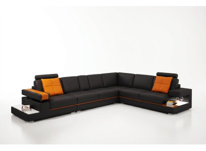 Moderno sofá esquinero de sala de estar, sofá de cuero con iluminación.