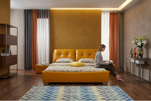 Cama doble de diseño para dormitorio con cama de cuero de hotel de lujo.