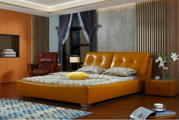 Cama doble de diseño para dormitorio con cama de cuero de hotel de lujo.