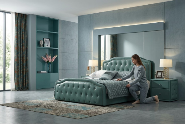 Cama de hotel de diseño moderno, camas XXL, lujo doble de cuero Chesterfield 180x200 cm.