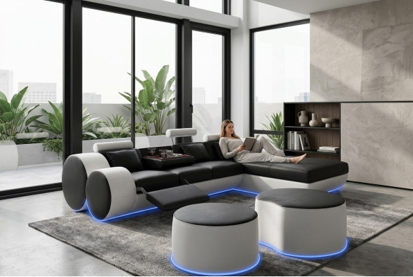 Sofá de cuero sofá salón en forma de L Diseño Moderno Sofá 3085