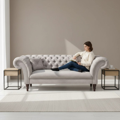 Sofá de diseño Chesterfield tapizado en cuero y tela Sofá Sofás Asientos de 3 plazas Nuevo