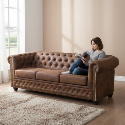Chesterfield York Gobi sofá de cuero de 3 plazas, sofás tapizados nuevos