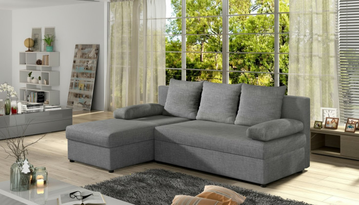 Sofá cama moderno de esquina tapizado en tela con asientos acolchados de cuero y tela.