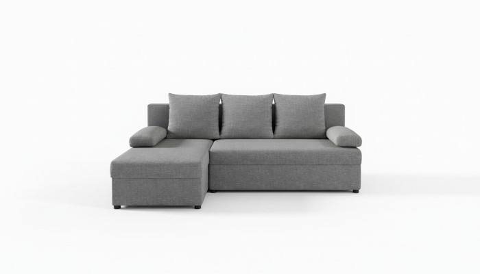 Sofá cama moderno de esquina tapizado en tela con asientos acolchados de cuero y tela.