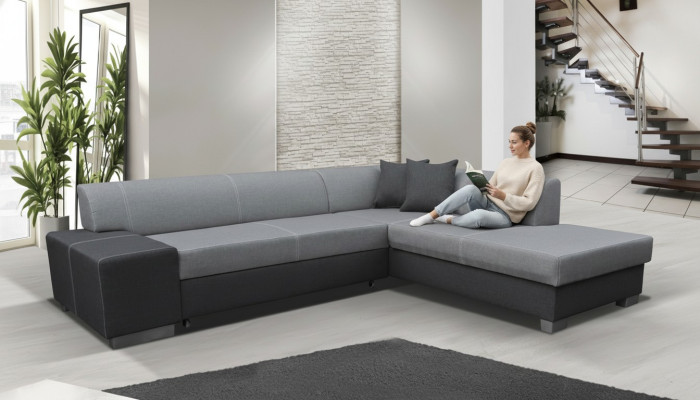 Sofá esquinero de diseño moderno Porto con función de cama, sofá de tela.