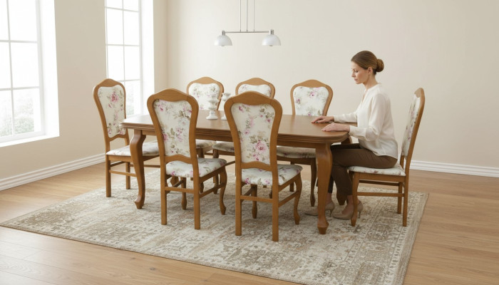 Clásico conjunto para comedor de diseñador: mesa de madera + 8 sillas.