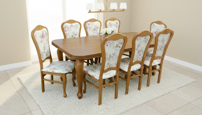 Clásico conjunto para comedor de diseñador: mesa de madera + 8 sillas.