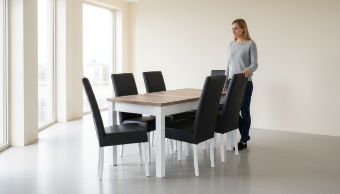Conjunto completo de mesa y sillas de comedor de cuero moderno, un juego de 7 piezas.