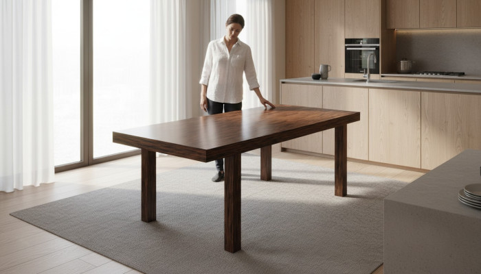 Mesa de madera de diseño decorativo extensible para sala de estar y comedor. Mesas de madera maciza.