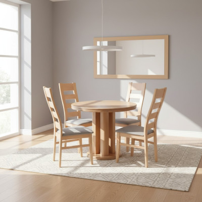 Clásica mesa redonda de madera para comedor con diseño, 4 sillas.