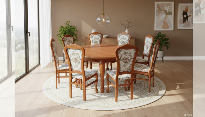 Clásica mesa redonda de madera diseño de comedor + 8 sillas