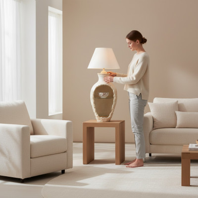 Lámpara de pie de diseño Vase XXL 138cm lámpara de pie iluminada con estante de lámparas vitrina