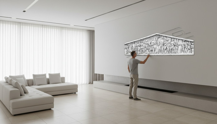 Relieve decorativo de pared en estilo antiguo de jardín con láminas de piedra e imágenes.