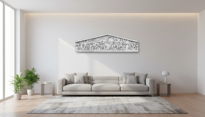 Relieve decorativo de pared en estilo antiguo de jardín con láminas de piedra e imágenes.