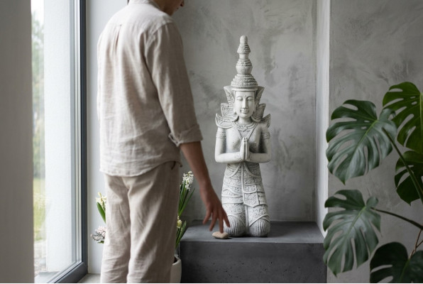 Estatua de Buda en estilo de piedra. Gran figura escultórica decorativa para jardín.