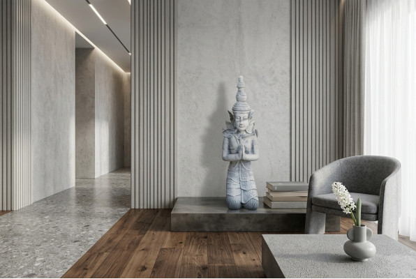 Estatua de Buda en estilo de piedra. Gran figura escultórica decorativa para jardín.