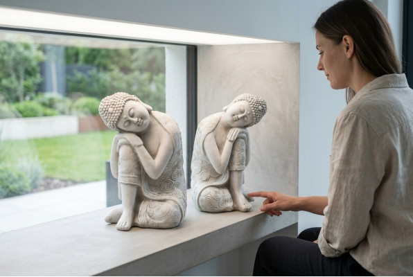Escultura de Buda decorativa en imitación de piedra. Gran figura escultórica para jardín.