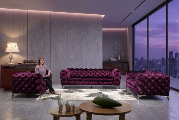 Sofá grande XXL Chesterfield 3 plazas tapizado sillón asiento tres textil tela.