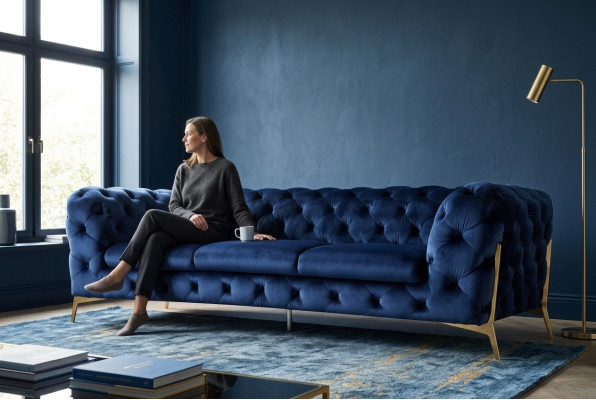 Sofá Chesterfield con conjunto de tapicería XXL en textil azul de 3+3 diseñadores.