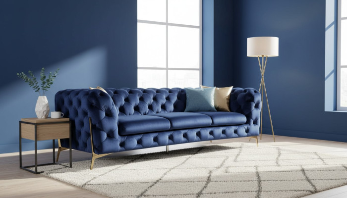 Sofá Chesterfield con conjunto de tapicería XXL en textil azul de 3+3 diseñadores.