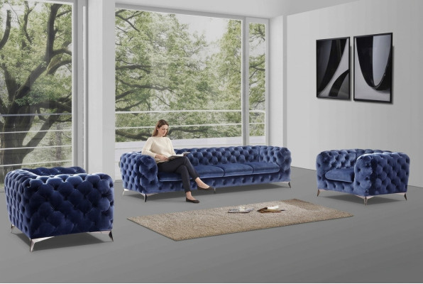 Sofá Chesterfield azul conjunto de tapicería textil 2+2 muebles de diseñador