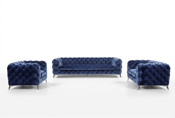 Sofá Chesterfield azul conjunto de tapicería textil 2+2 muebles de diseñador