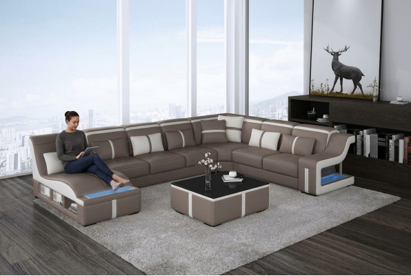 Sofá en forma de esquina con asientos en forma de U de cuero tapizado, conjunto de sala de estar.
