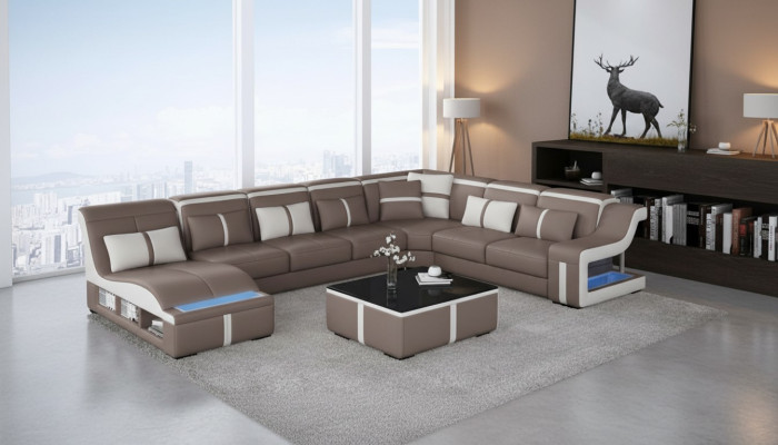 Sofá en forma de esquina con asientos en forma de U de cuero tapizado, conjunto de sala de estar.