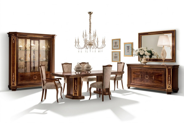 Conjunto de comedor completo: vitrina, mesa, 6 sillas, cómoda y espejo.
