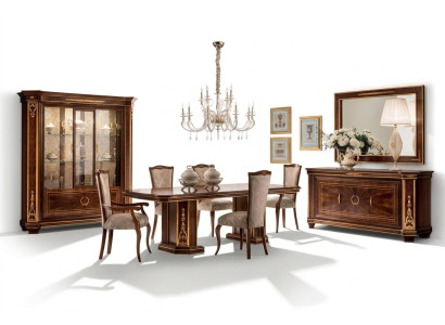 Conjunto de comedor completo: vitrina, mesa, 6 sillas, cómoda y espejo.