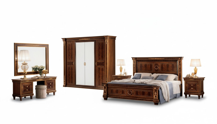 Set de dormitorio cama mesita de noche cómoda espejo taburete nuevo de 7 piezas. Barroco