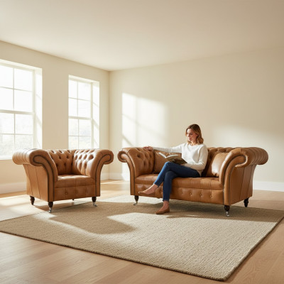 Juego de sofás 2+1 Chesterfield tapizado en tela sofá salón conjunto de tapicería.