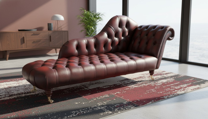Sofá Chesterfield Lounge Club de 2 plazas con reposacabezas acolchado, chaise longue de cuero.