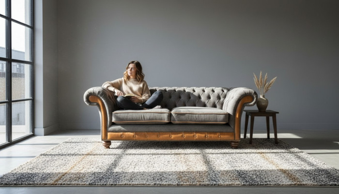 Sofá XXL de 3 plazas Chesterfield Tapizado Asiento Conjunto Cuero Textil Nuevo Gris