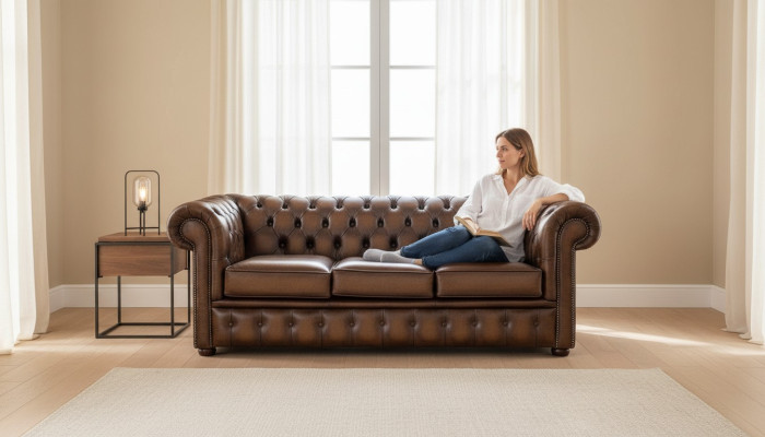 Chesterfield sofá tapizado de 3 plazas estilo antiguo de cuero y tela.