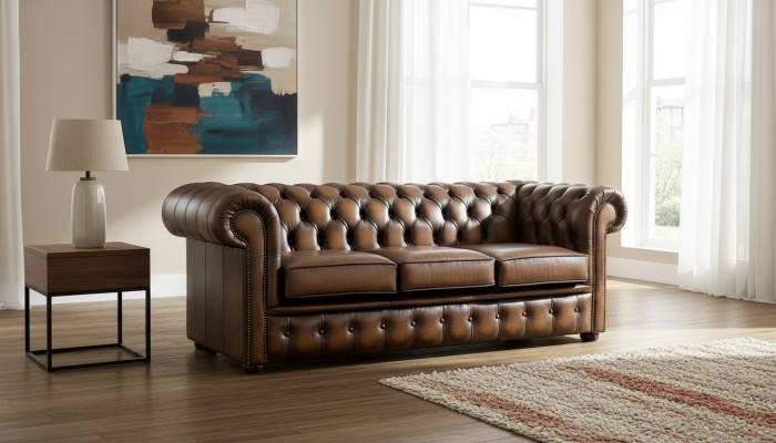 Chesterfield sofá tapizado de 3 plazas estilo antiguo de cuero y tela.