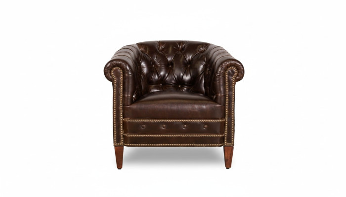 Sillón de diseñador de 1 plaza de cuero marrón y textil de lujo para club lounge, sofá Chesterfield.