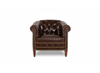 Sillón de diseñador de 1 plaza de cuero marrón y textil de lujo para club lounge, sofá Chesterfield.