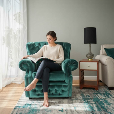Chesterfield Terciopelo Verde Butaca de Orejas de 1 Plaza Sofá Sillón Sofá Sillón de TV Nuevo