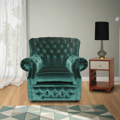 Chesterfield Terciopelo Verde Butaca de Orejas de 1 Plaza Sofá Sillón Sofá Sillón de TV Nuevo