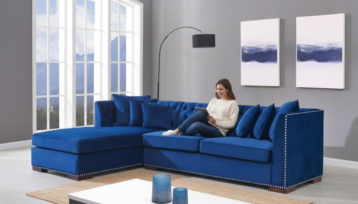 Chesterfield Sofá esquinero Sofá conjunto de sofás de diseño azul Textil Piezas de tela Sofás