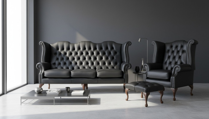 Sofá de cuero Chesterfield negro conjunto de tapizado de sofá 3+1 plazas butaca de orejas