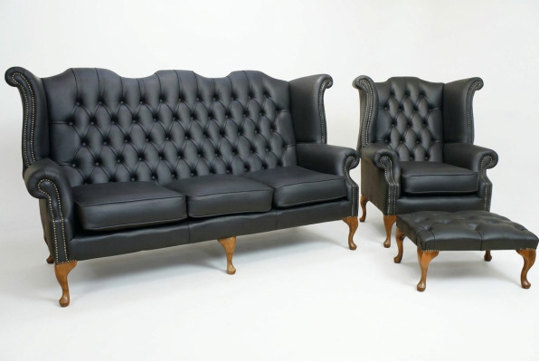 Sofá de cuero Chesterfield negro conjunto de tapizado de sofá 3+1 plazas butaca de orejas