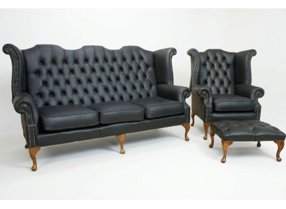 Sofá de cuero Chesterfield negro conjunto de tapizado de sofá 3+1 plazas butaca de orejas