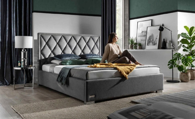 Cama de diseñador, ropa de cama, cuero, hotel de lujo, tapizado, tela.