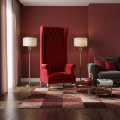 La silla Voltaire es un impresionante ejemplo del estilo clásico inglés en un rico tono rojo.